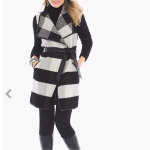 Chico's Checkered CharleneBlack White Plaid Wool Large Collar Cardigan‎